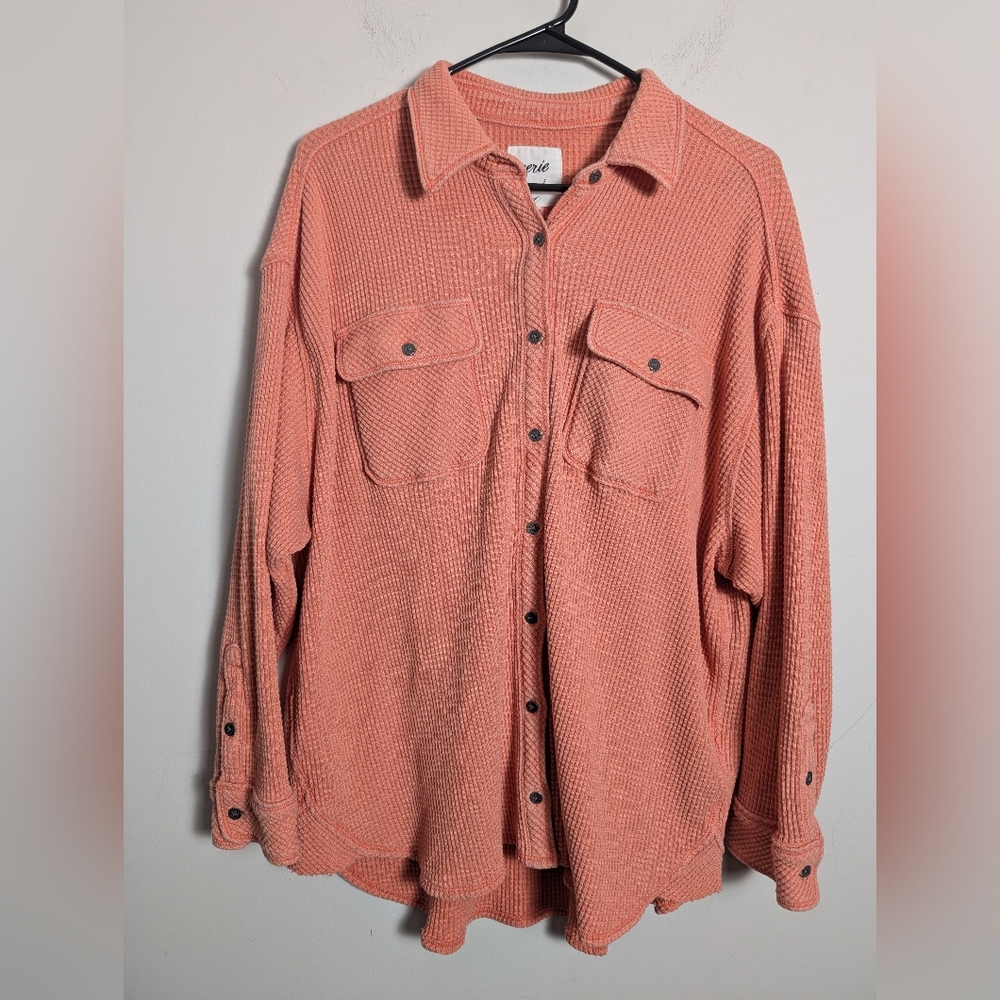 Aerie Shirt LumberJane Waffle Knit Oversize Thermal Button Shacket Orange Sz S